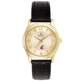 Women's Bulova Gold/Black Washington State Cougars Stainless Steel Watch with Leather Band