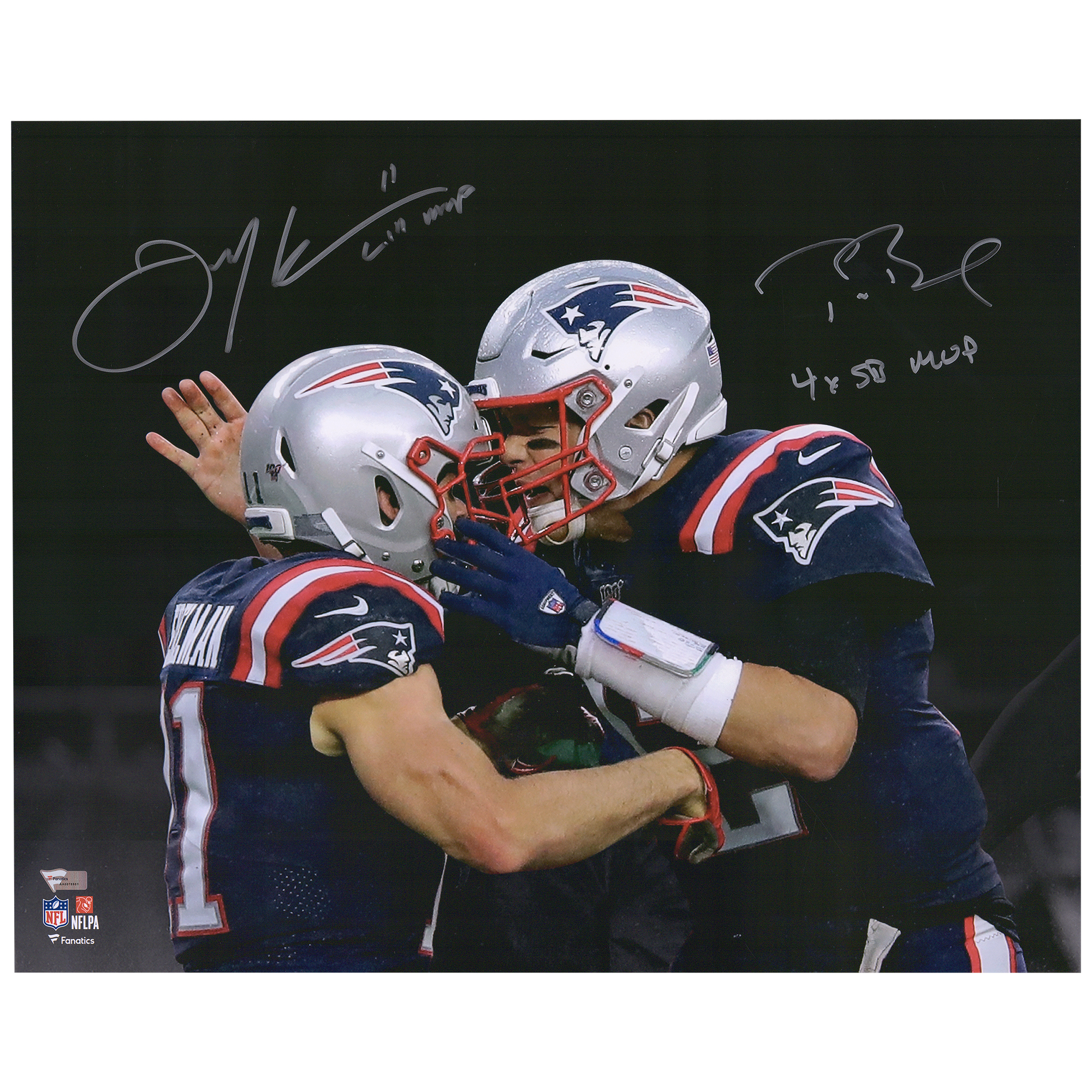 Tom Brady & Julian Edelman New England Patriots Autographed 16" x 20" Spotlight Photograph with Super Bowl MVP Inscriptions