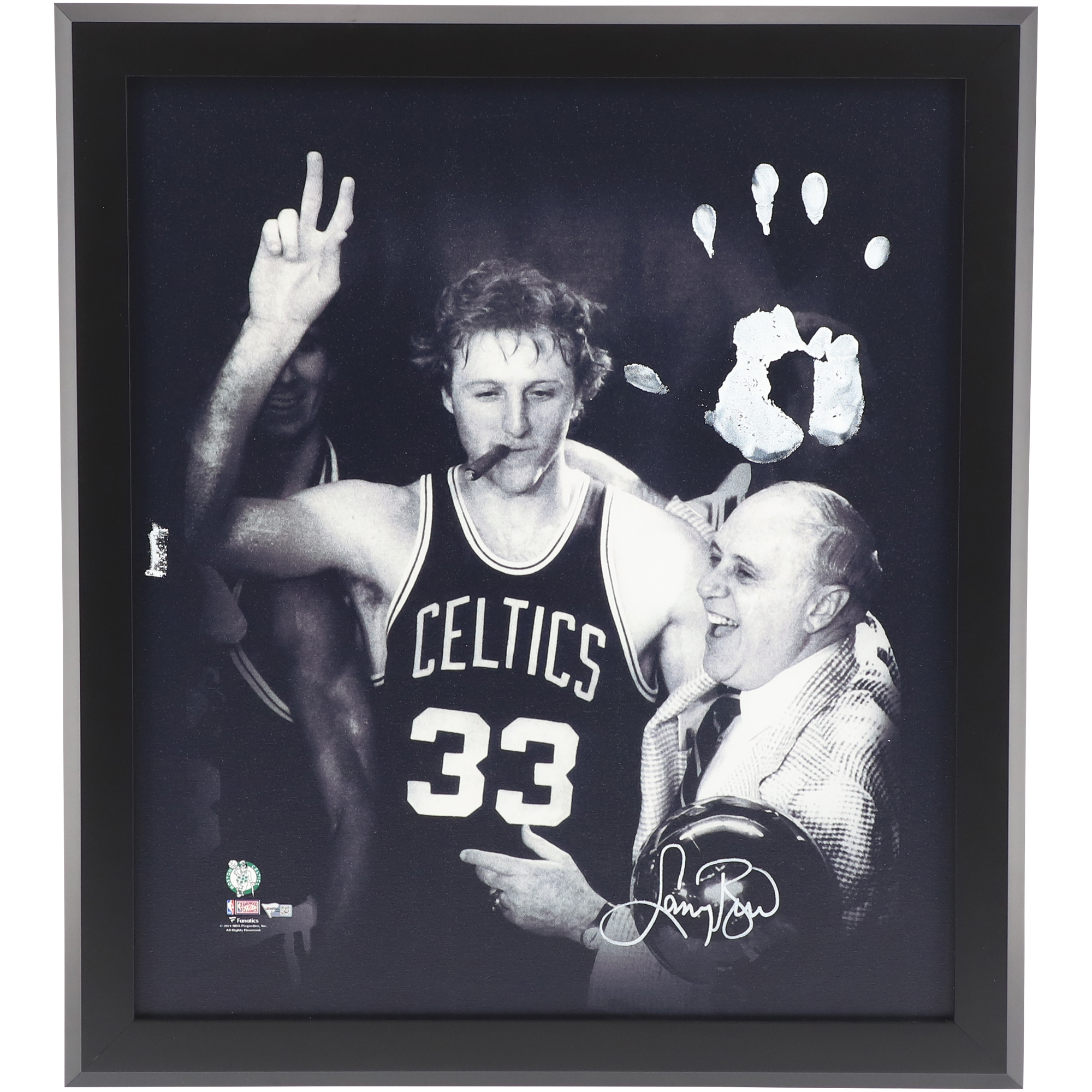 Larry Bird Boston Celtics Autographed Framed 20" x 24" Cigar Celebration with Red Gallery Wrapped Canvas and White Acrylic Paint Hand Print