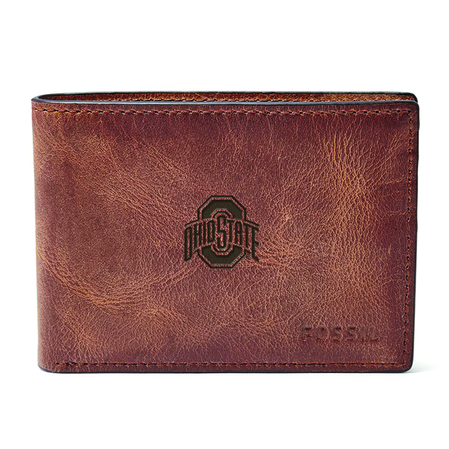 Men's Fossil Brown Ohio State Buckeyes Derrick Front Pocket Leather Bi-Fold Wallet