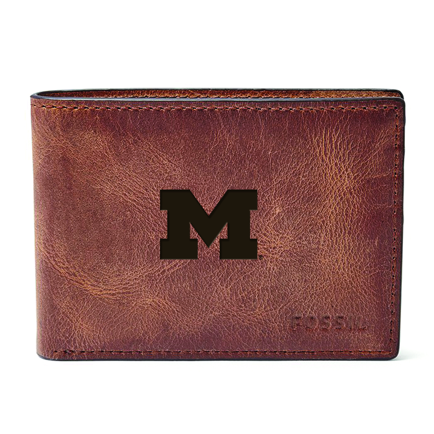 Men's Fossil Brown Michigan Wolverines Derrick Front Pocket Leather Bi-Fold Wallet