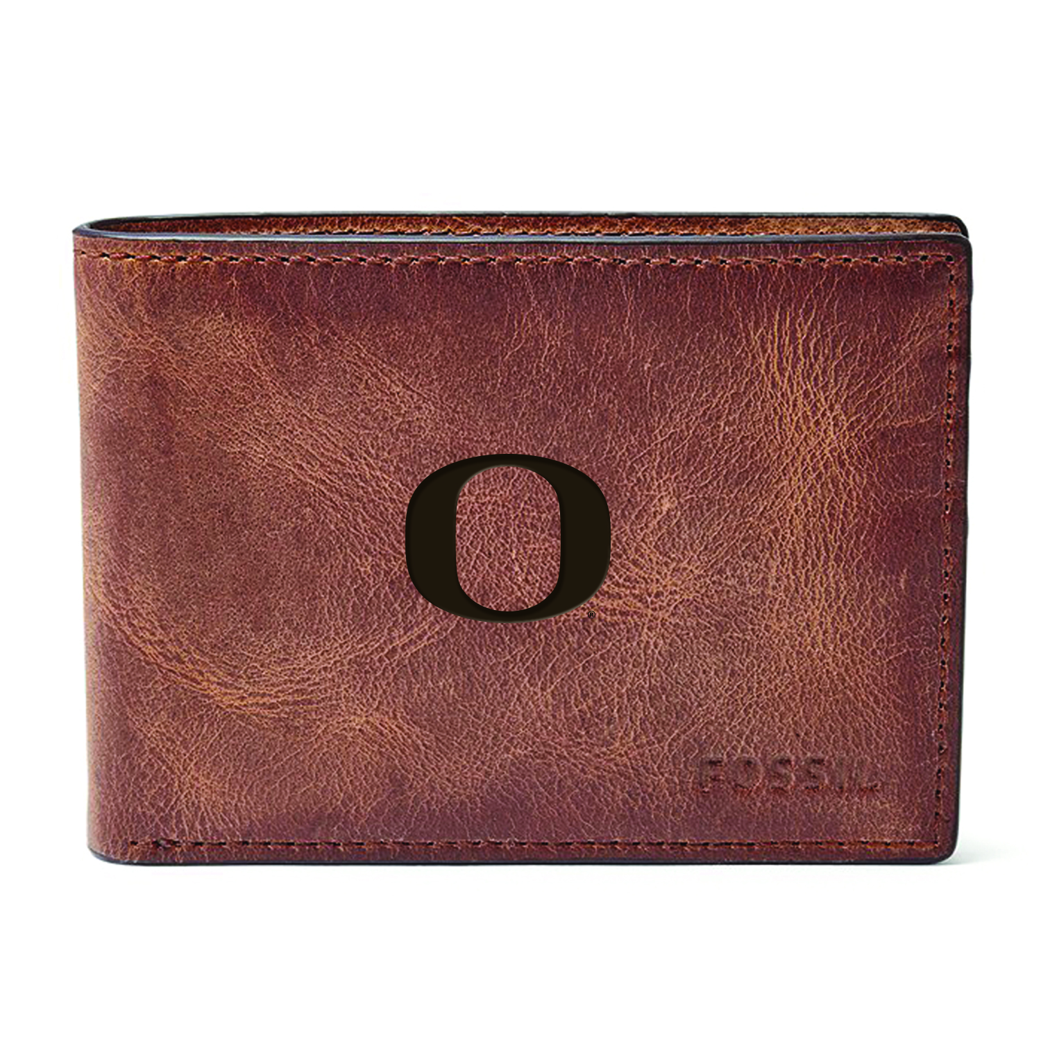 Men's Fossil Brown Oregon Ducks Derrick Front Pocket Leather Bi-Fold Wallet