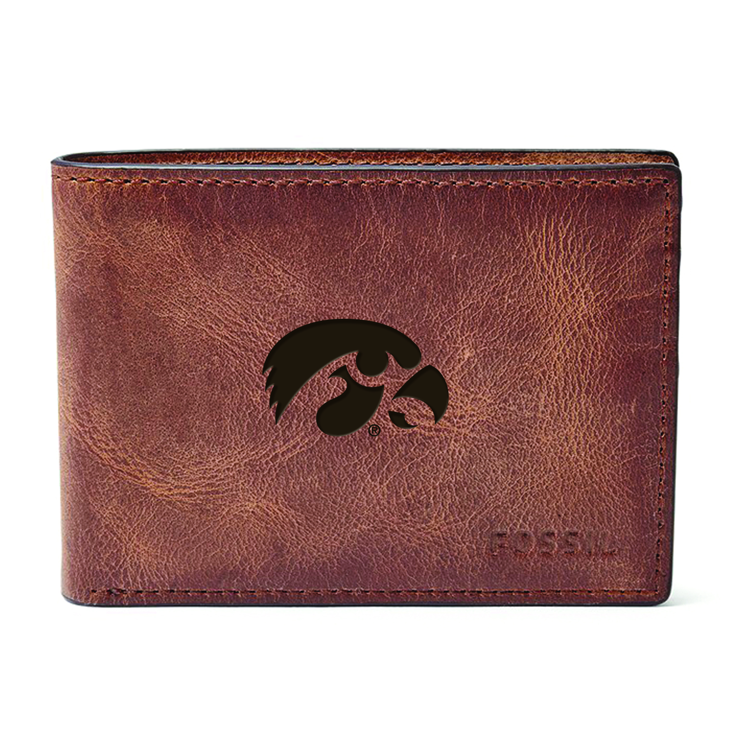 Men's Fossil Brown Iowa Hawkeyes Derrick Front Pocket Leather Bi-Fold Wallet