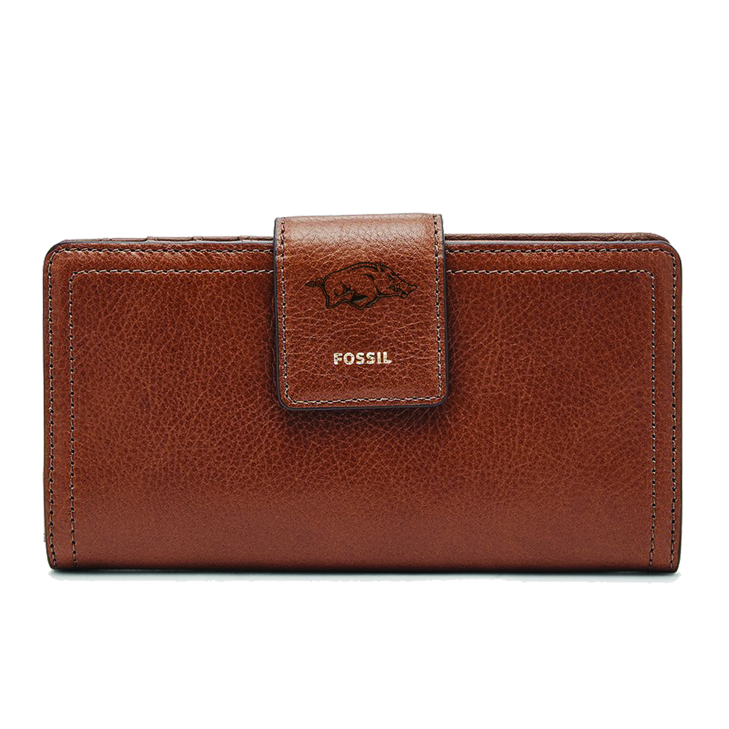 Women's Fossil Brown Arkansas Razorbacks Leather Logan RFID Tab Clutch