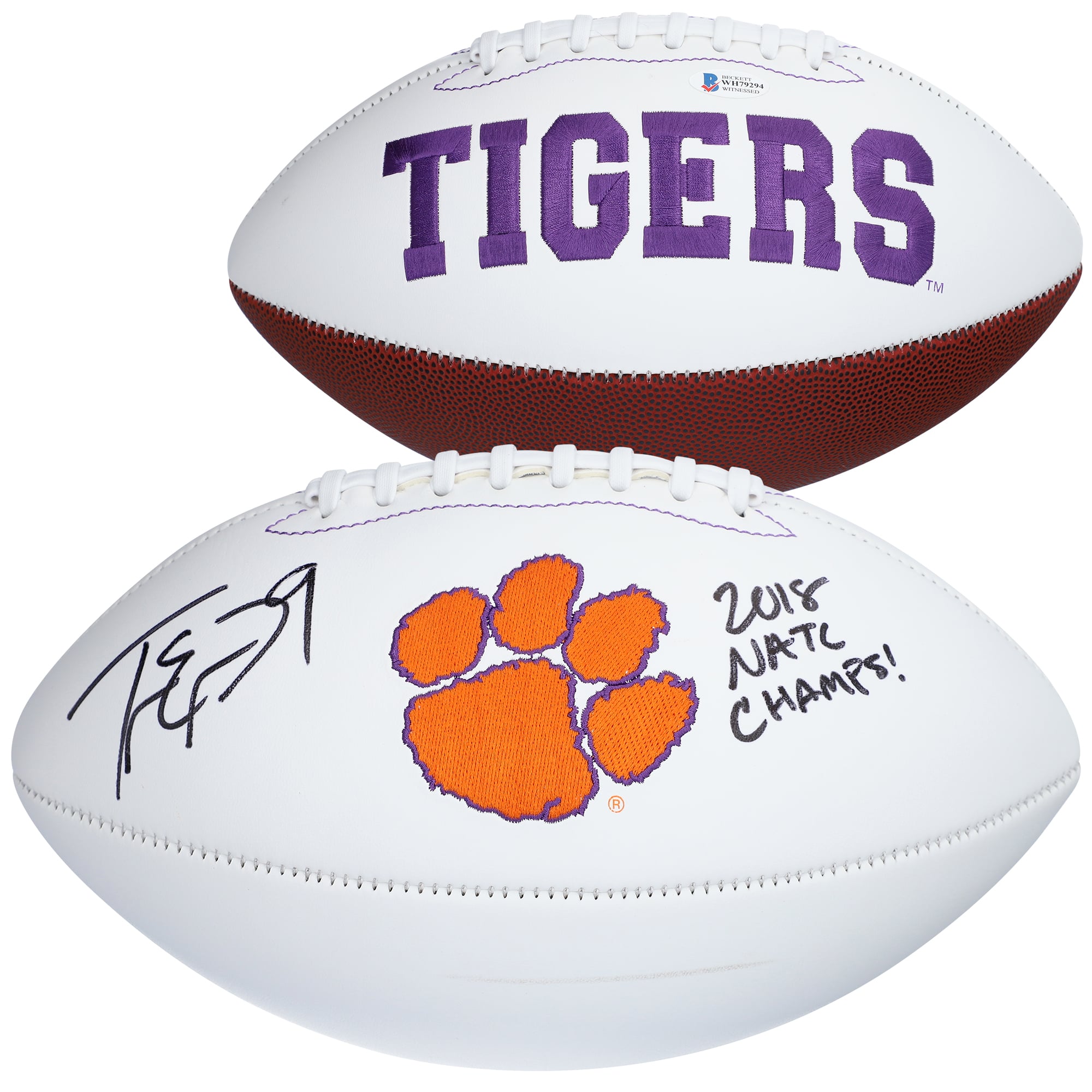 Travis Etienne Clemson Tigers Autographed White Panel Football with "2018 NATL CHAMPS!" Inscription