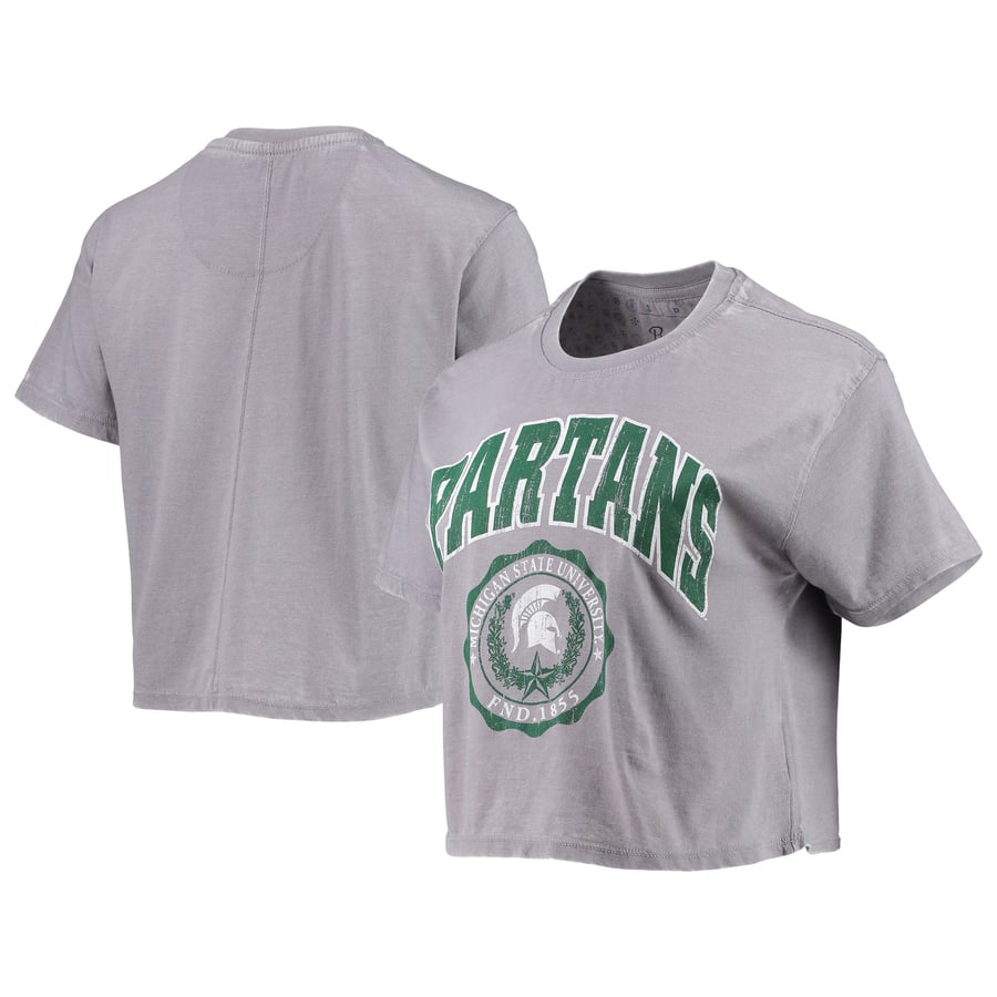 Women's Pressbox Heather Gray Michigan State Spartans Edith Vintage Burnout Crop T-Shirt