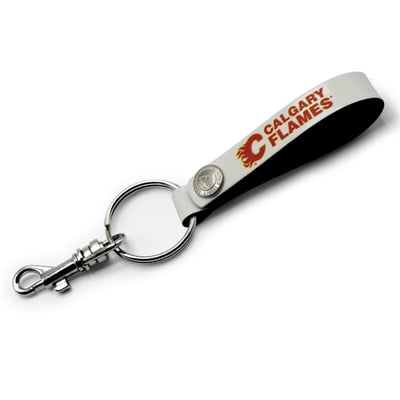 White Calgary Flames Personalized Leather Loop Keychain
