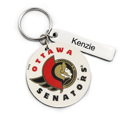 White Ottawa Senators Personalized Leather Round Keychain
