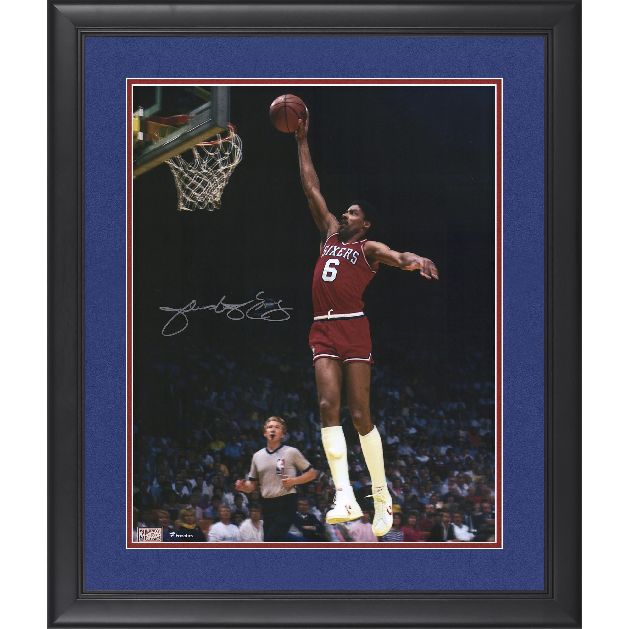 Julius Erving Philadelphia 76ers Autographed Framed 16'' x 20'' Dunking with Red Jersey Photograph - Suede Mat Upgrade