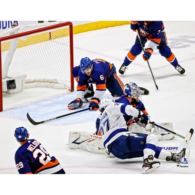 Ryan Pulock New York Islanders Unsigned Game 4 Game-Preserving Save vs. Tampa Bay Lightning Photograph
