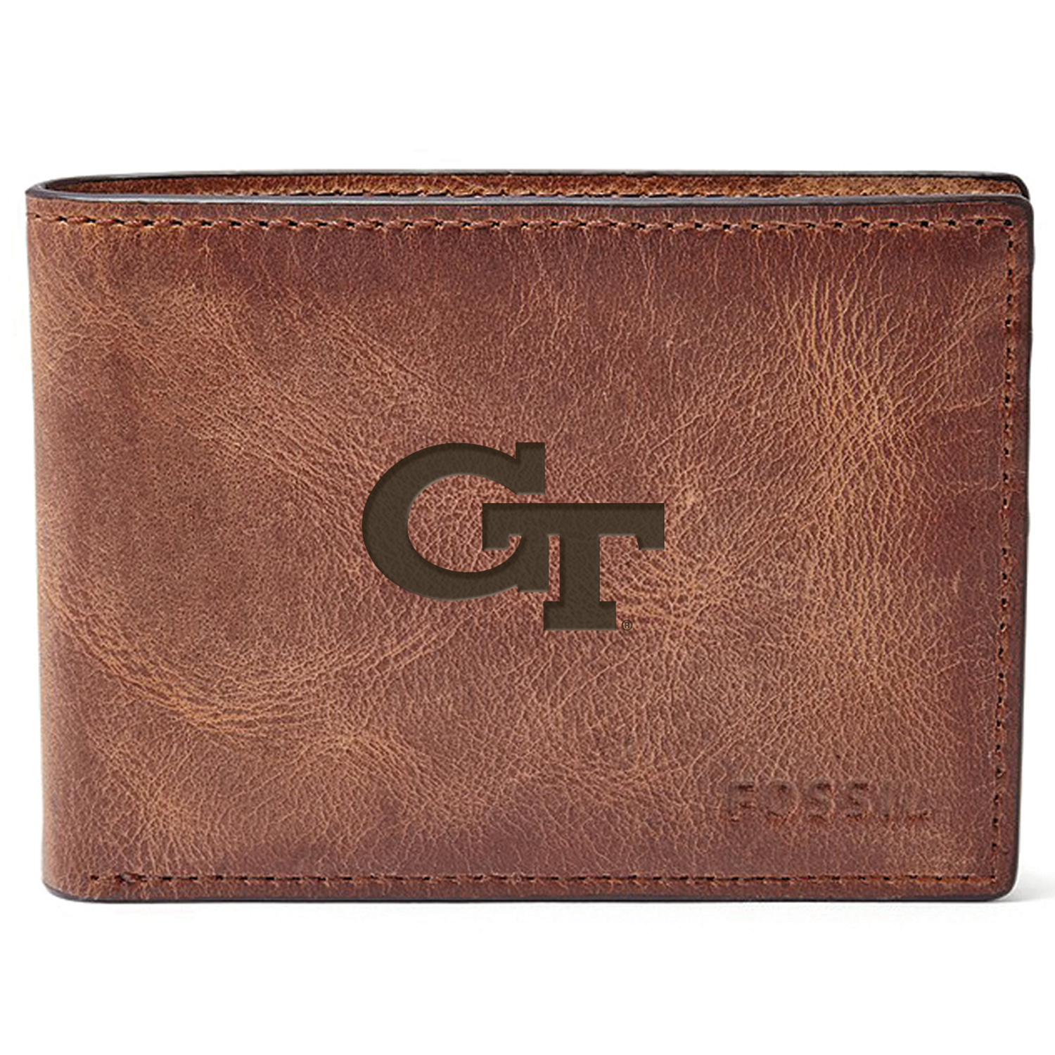 Men's Fossil Brown Georgia Tech Yellow Jackets Leather Derrick Front Pocket Bifold Wallet