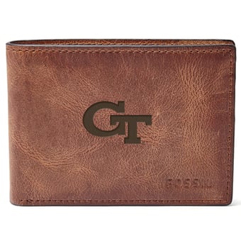 Men's Fossil Brown Georgia Tech Yellow Jackets Leather Derrick Front Pocket Bifold Wallet