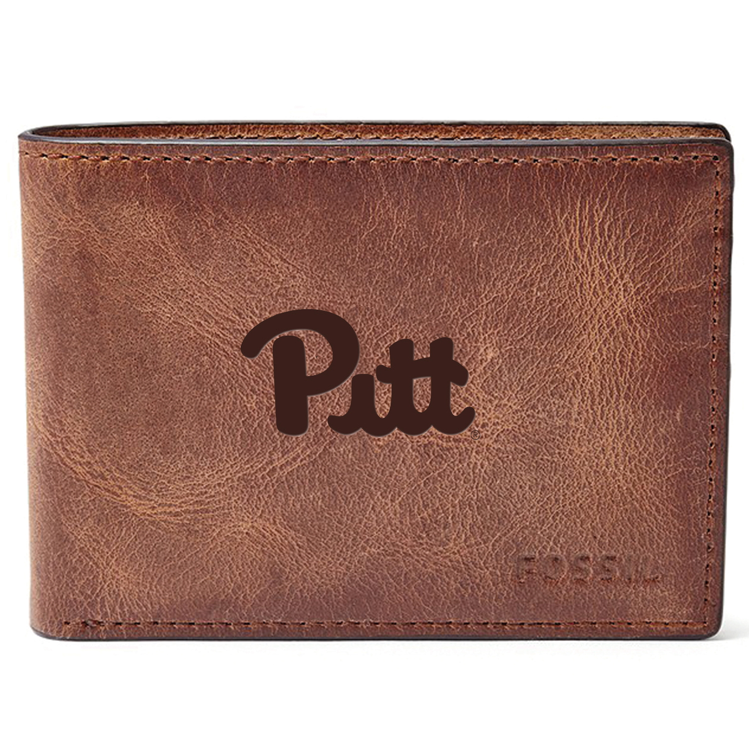 Men's Fossil Brown Pitt Panthers Leather Derrick Front Pocket Bifold Wallet