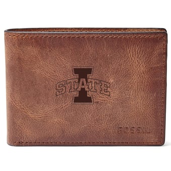 Men's Fossil Brown Iowa State Cyclones Leather Derrick Front Pocket Bifold Wallet