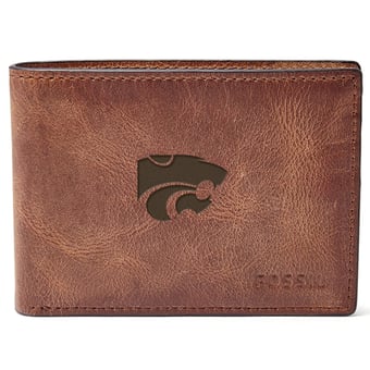 Men's Fossil Brown Kansas State Wildcats Leather Derrick Front Pocket Bifold Wallet