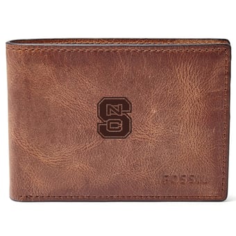 Men's Fossil Brown NC State Wolfpack Leather Derrick Front Pocket Bifold Wallet