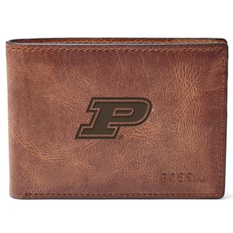 Men's Fossil Brown Purdue Boilermakers Leather Derrick Front Pocket Bifold Wallet