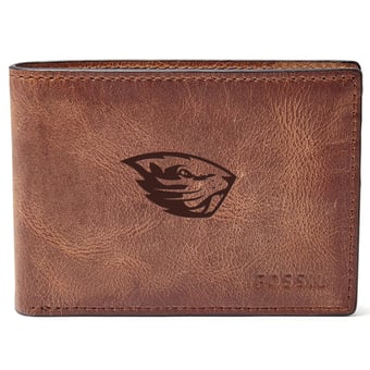 Men's Fossil Brown Oregon State Beavers Leather Derrick Front Pocket Bifold Wallet
