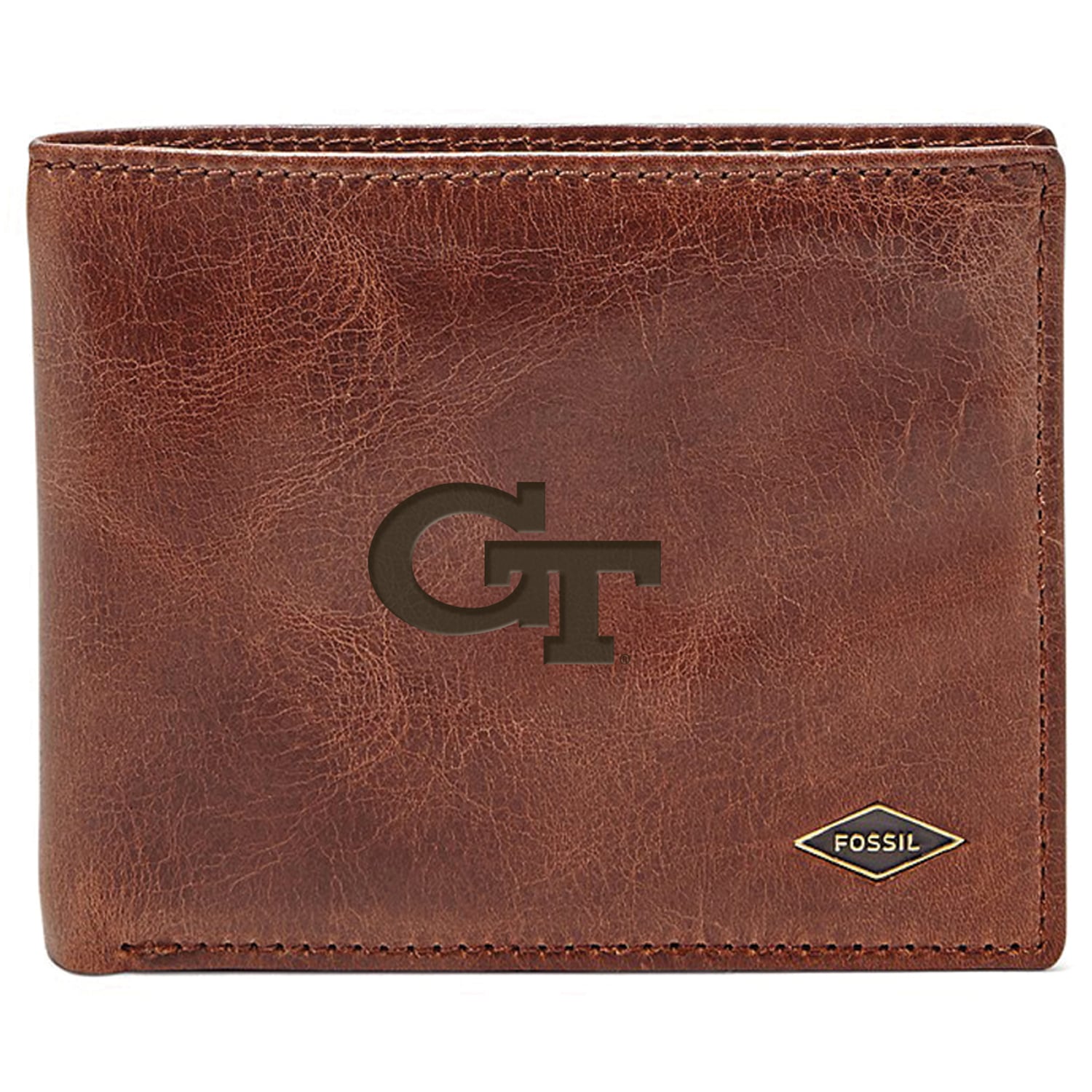 Men's Fossil Brown Georgia Tech Yellow Jackets Leather Ryan RFID Flip ID Bifold Wallet
