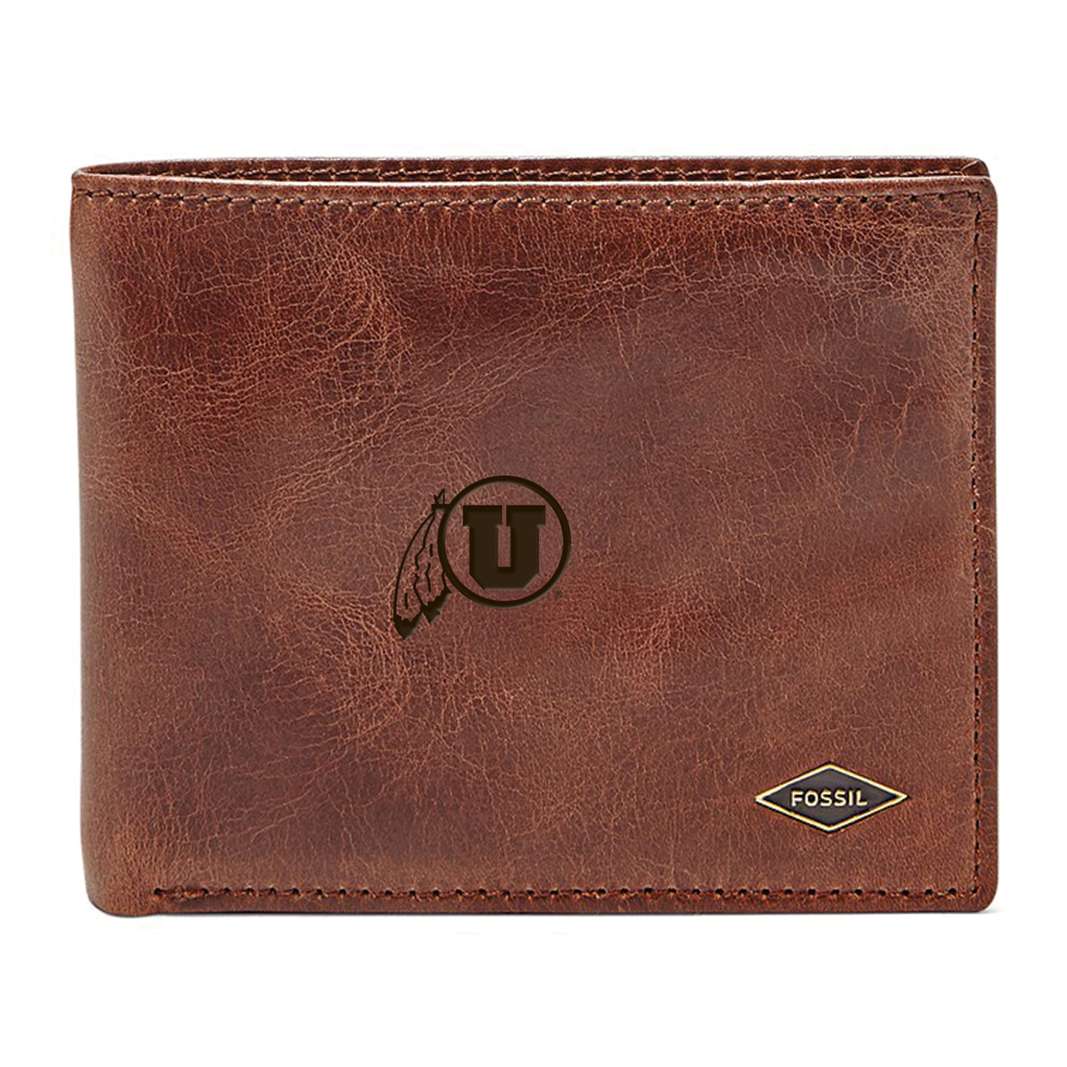 Men's Fossil Brown Utah Utes Leather Ryan RFID Flip ID Bifold Wallet
