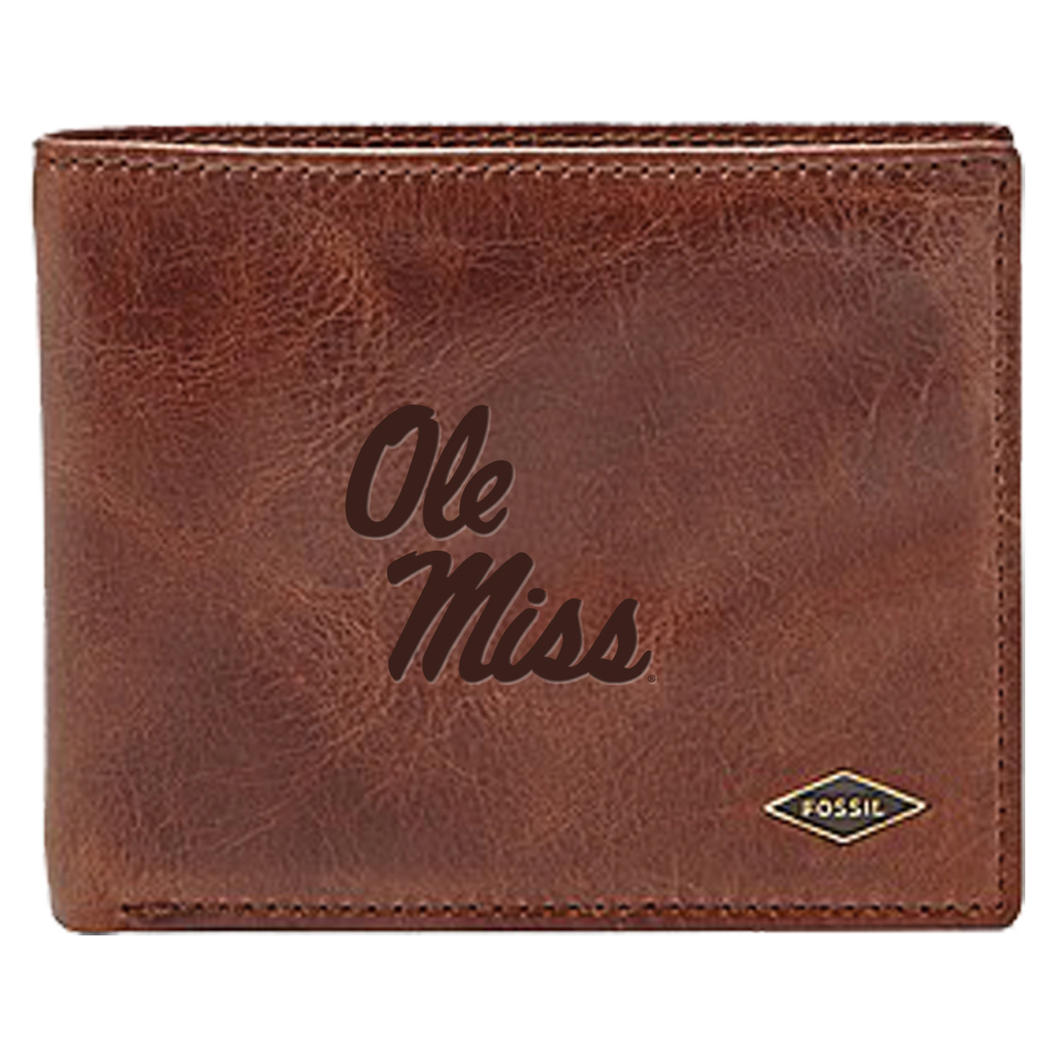 Men's Fossil Brown Ole Miss Rebels Leather Ryan RFID Flip ID Bifold Wallet