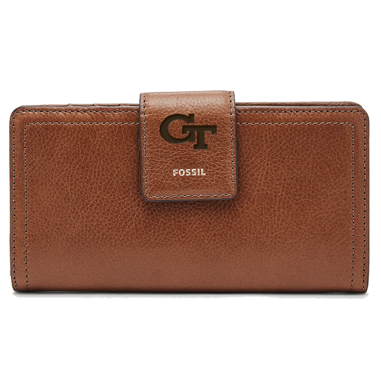 Women's Fossil Brown Georgia Tech Yellow Jackets Leather Logan RFID Tab Clutch