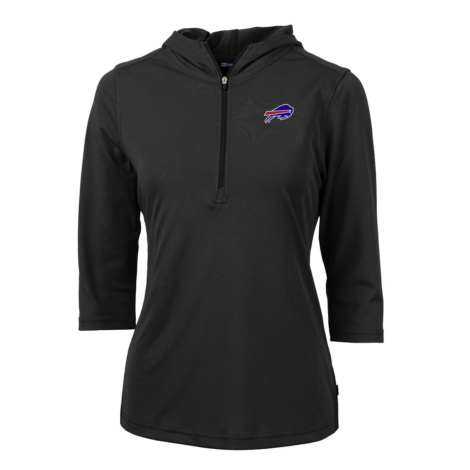 Women's Cutter & Buck Black Buffalo Bills Virtue Eco Pique Half-Zip 3/4 Sleeve Pullover Hoodie