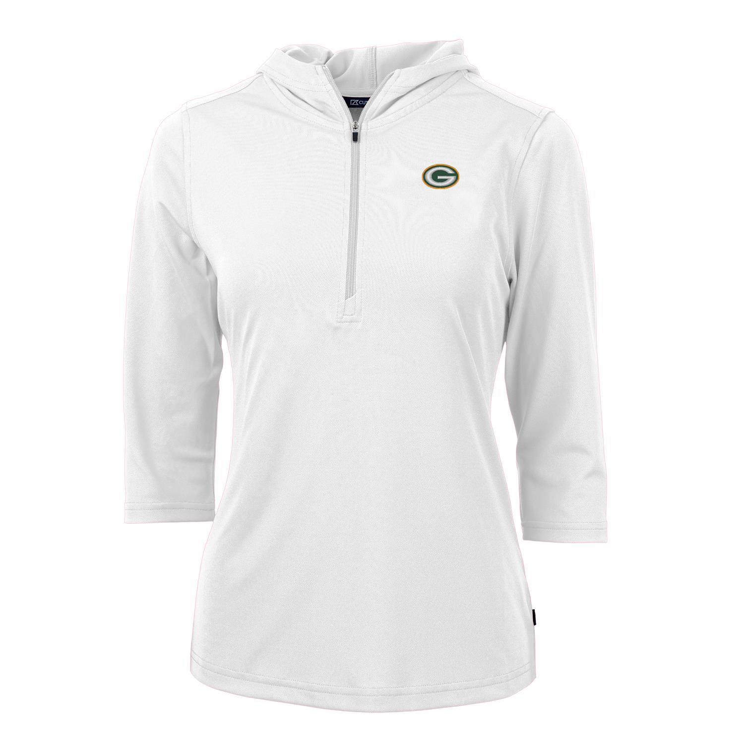 Women's Cutter & Buck White Green Bay Packers Virtue Eco Pique Half-Zip 3/4 Sleeve Pullover Hoodie