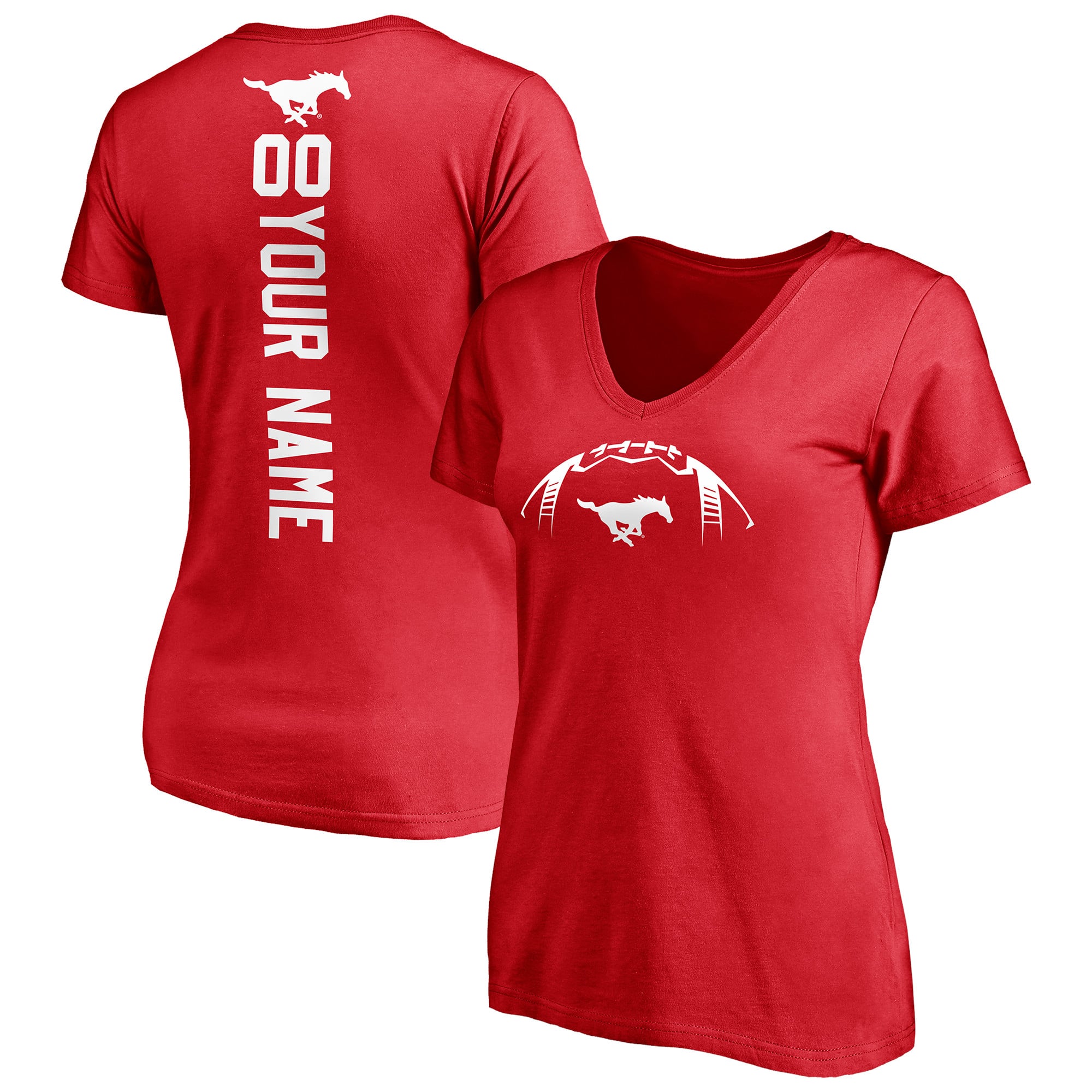 Women's Red SMU Mustangs Playmaker Football Personalized Name & Number V-Neck T-Shirt