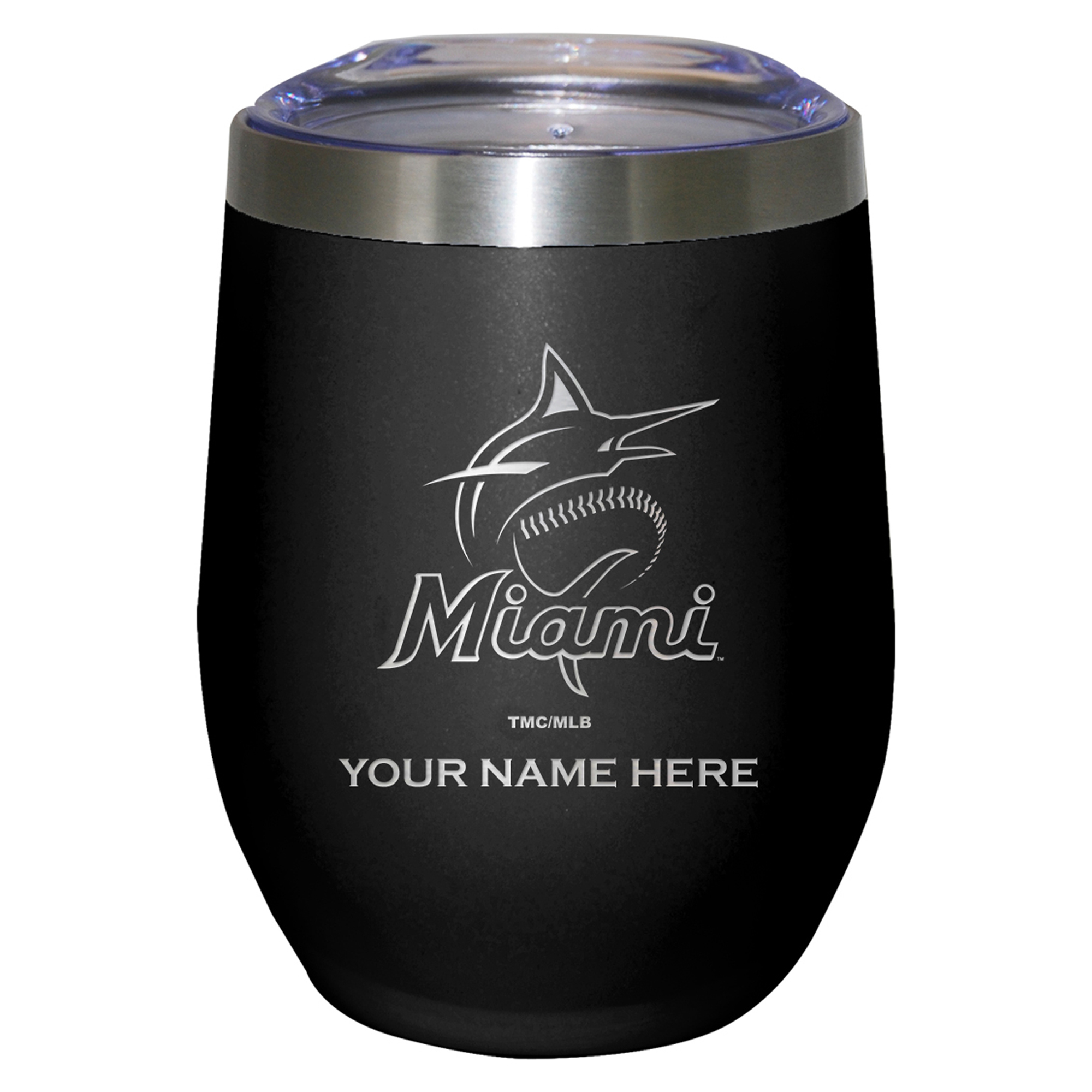 Black Miami Marlins 12oz. Logo Personalized Etched Stemless Tumbler Black Miami Marlins 12oz. Logo Personalized Etched Stemless Tumbler