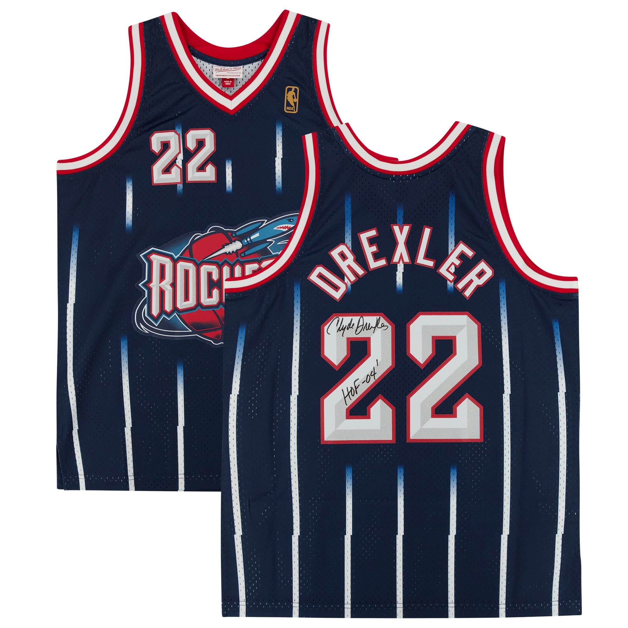 Clyde Drexler Houston Rockets Autographed Navy Mitchell & Ness 1995-96 Replica Jersey with "HOF 04" Inscription