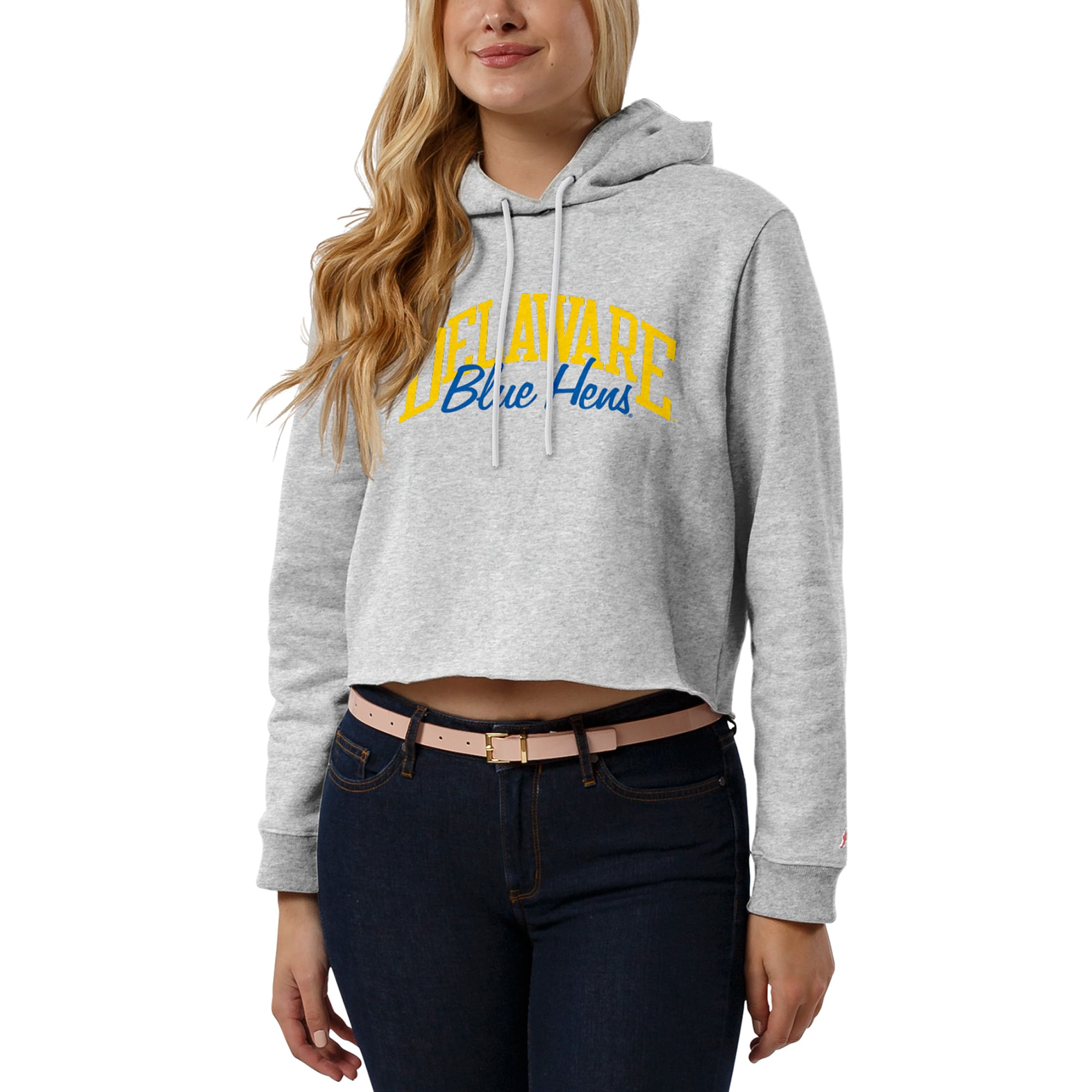 Women's League Collegiate Wear Ash Delaware Fightin' Blue Hens Cropped Pullover Hoodie