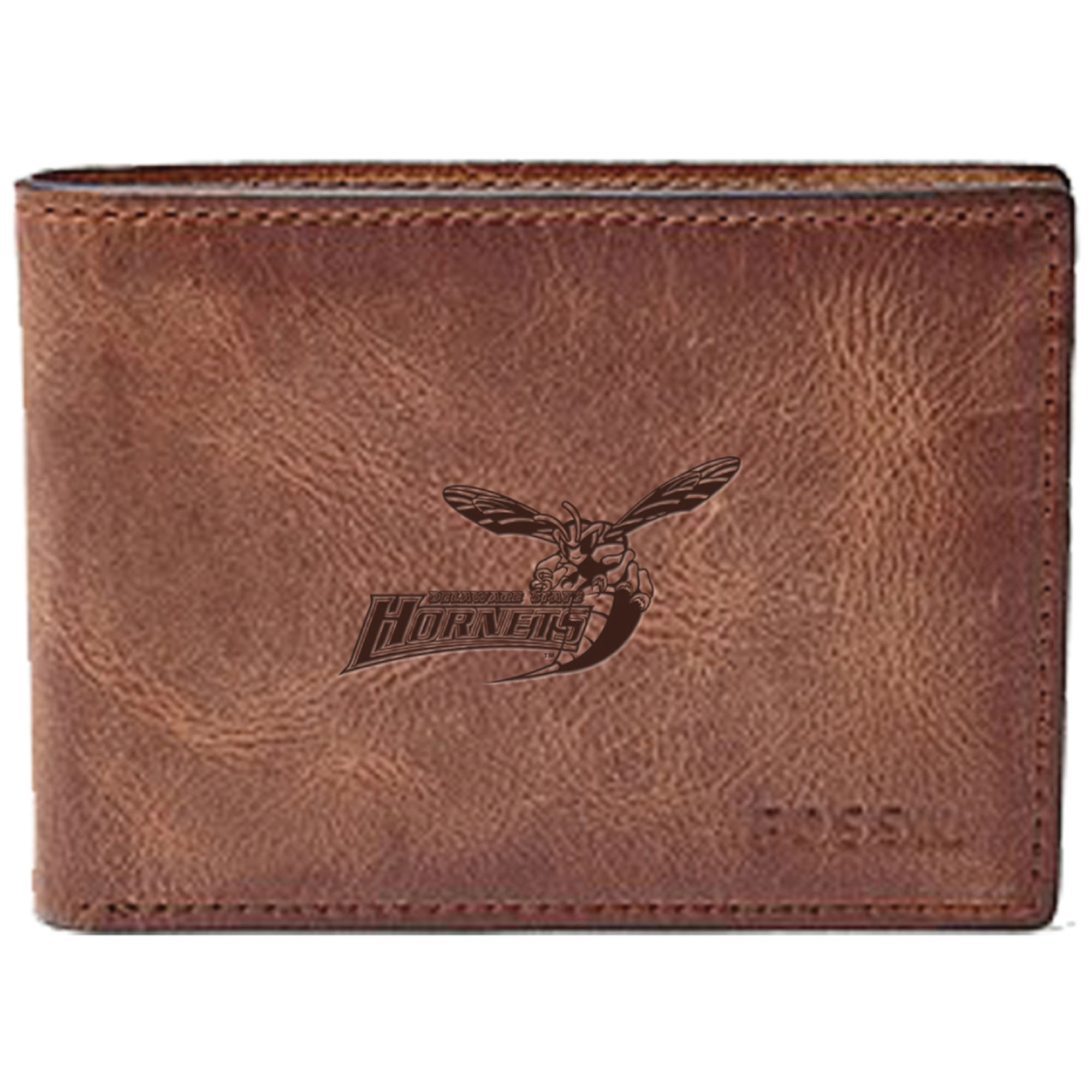 Men's Fossil Brown Delaware State Hornets Leather Derrick Front Pocket Bi-Fold Wallet