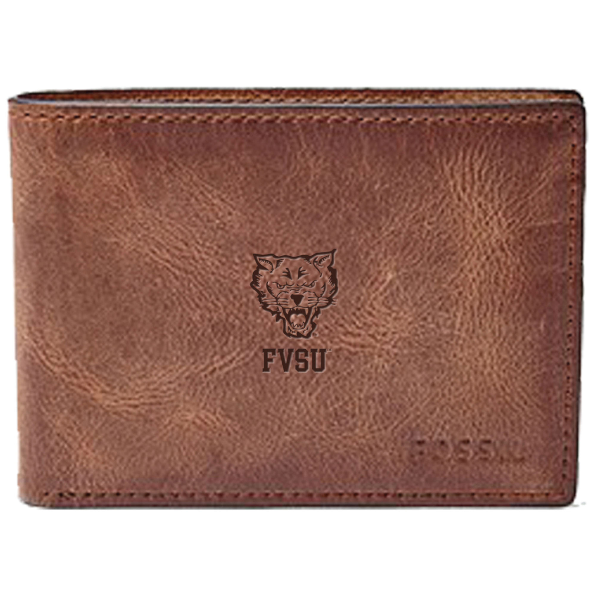 Men's Fossil Brown Fort Valley State Wildcats Leather Derrick Front Pocket Bi-Fold Wallet