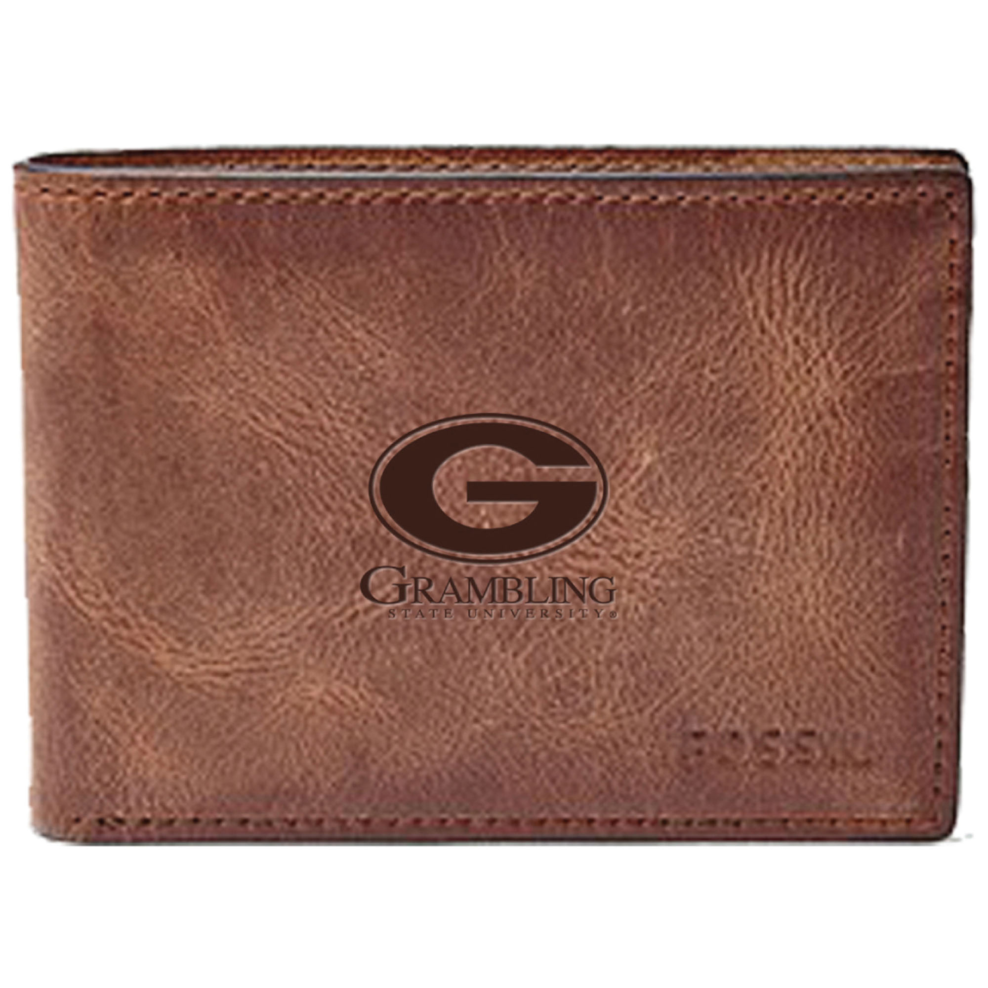 Men's Fossil Brown Grambling Tigers Leather Derrick Front Pocket Bi-Fold Wallet