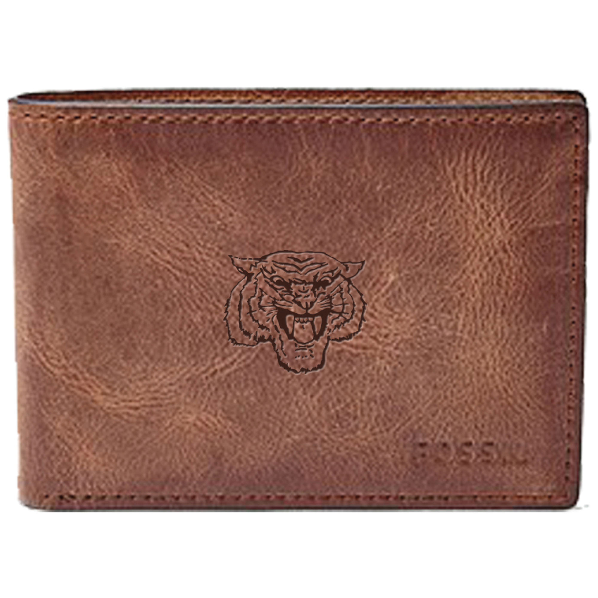 Men's Fossil Brown Morehouse Maroon Tigers Leather Derrick Front Pocket Bi-Fold Wallet