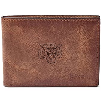 Men's Fossil Brown Morehouse Maroon Tigers Leather Derrick Front Pocket Bi-Fold Wallet