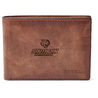 Men's Fossil Brown Southern University Jaguars Leather Derrick Front Pocket Bi-Fold Wallet