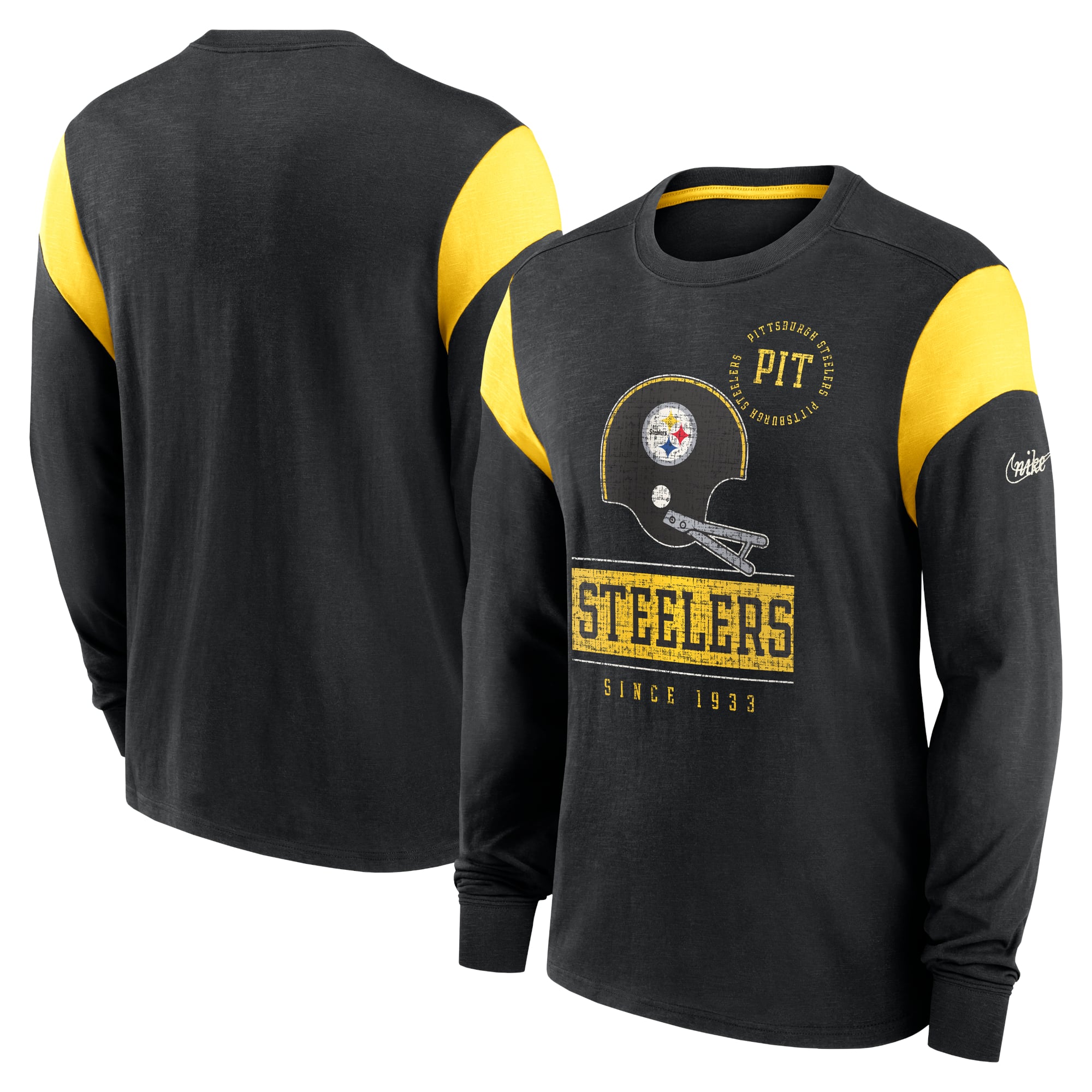 Men's Nike Heather Black Pittsburgh Steelers Rewind Playback Helmet Long Sleeve T-Shirt: retailer-supplied image