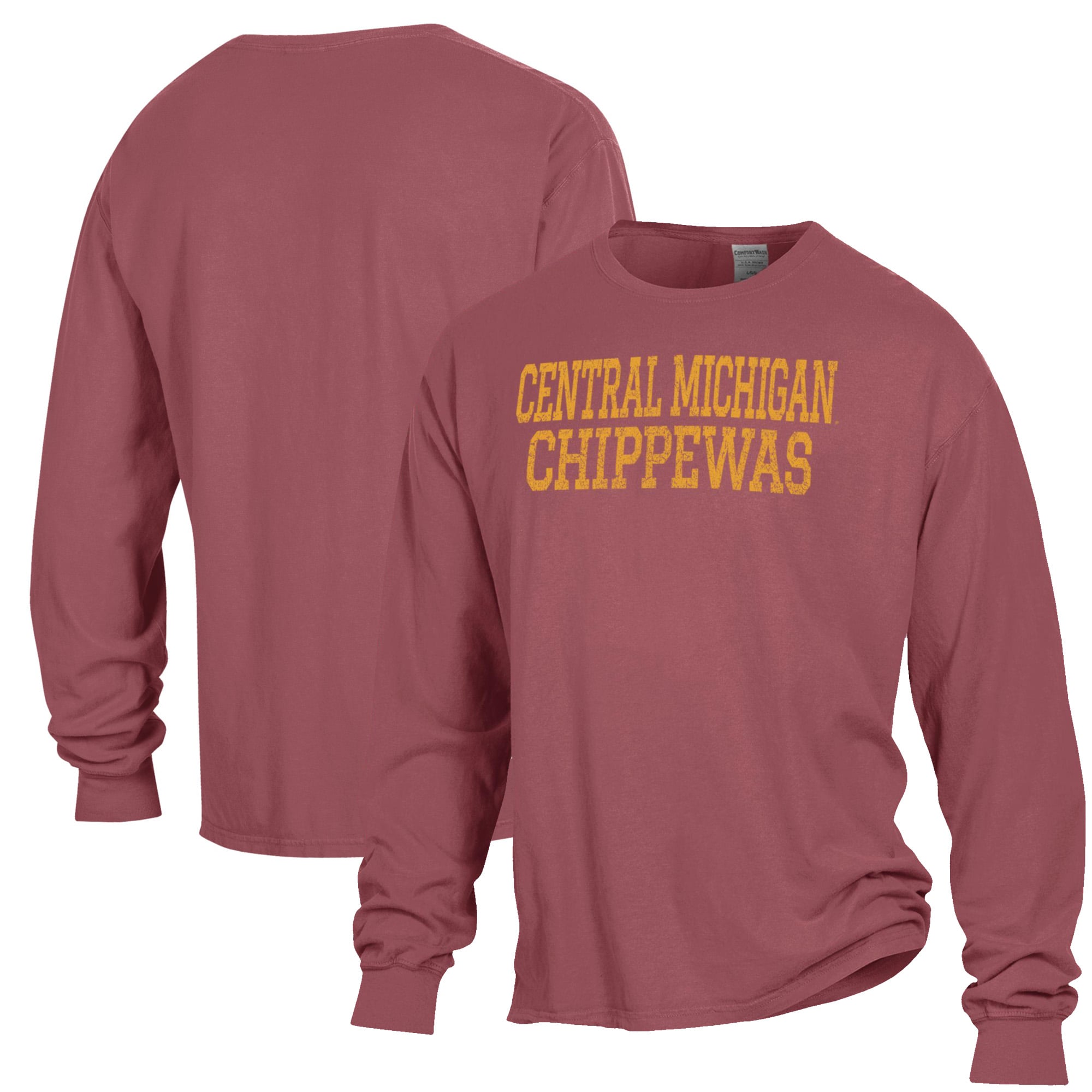 Men's ComfortWash Maroon Central Michigan Chippewas Garment Dyed Long Sleeve T-Shirt