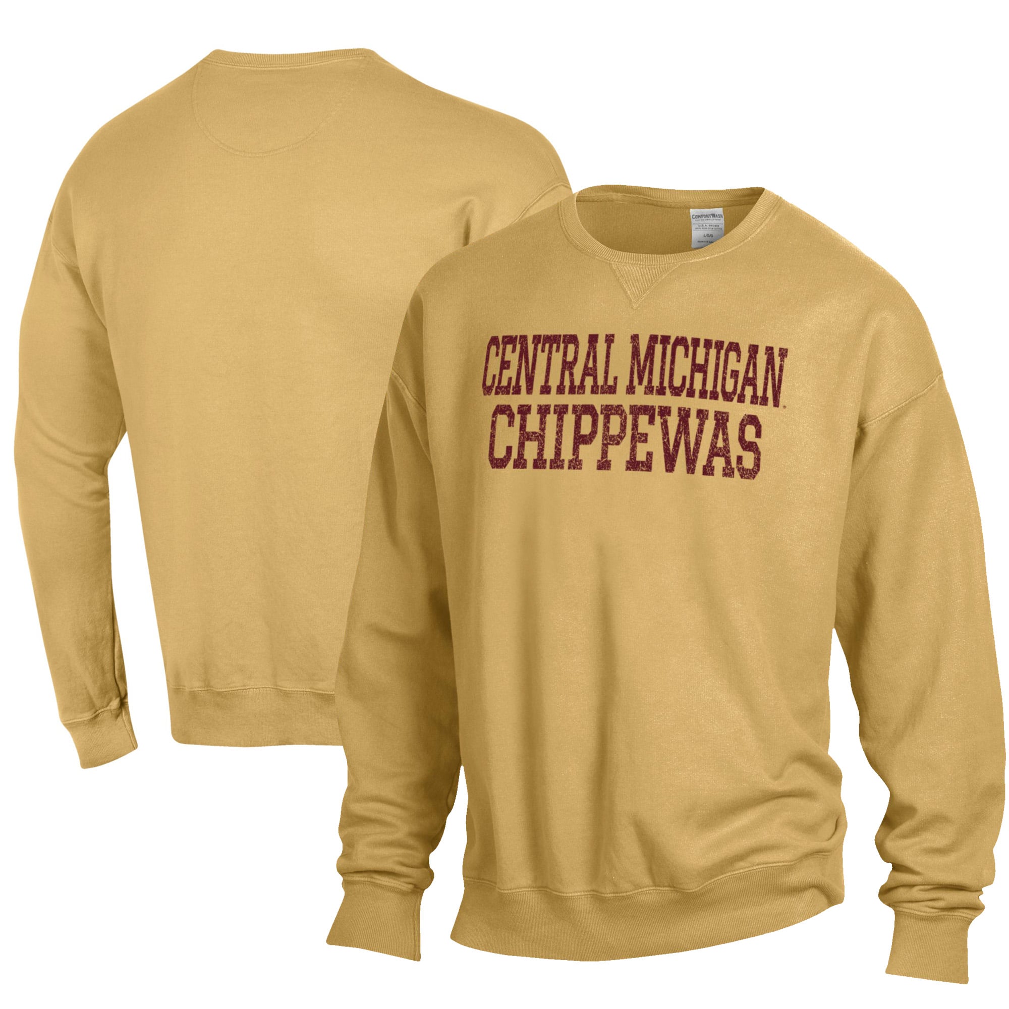 Men's ComfortWash Gold Central Michigan Chippewas Garment Dyed Fleece Crewneck Pullover Sweatshirt