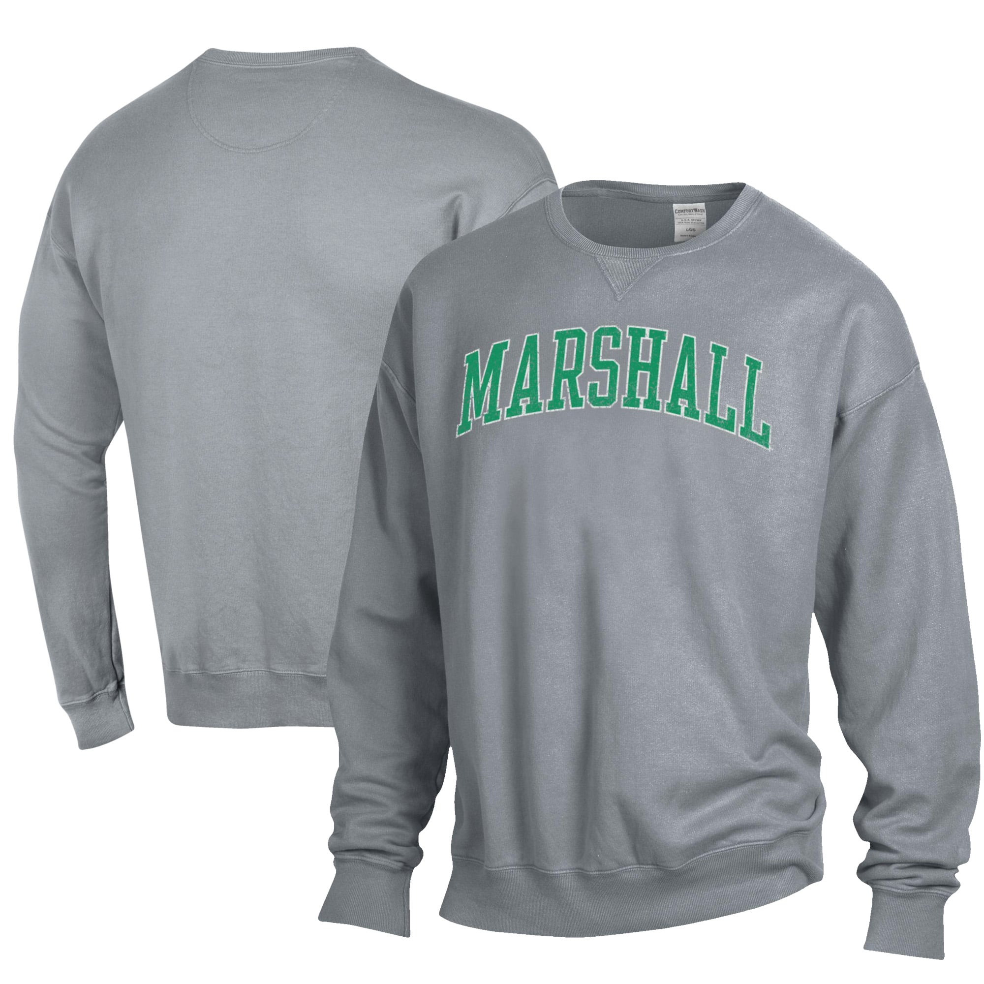 Men's ComfortWash Gray Marshall Thundering Herd Garment Dyed Fleece Crewneck Pullover Sweatshirt