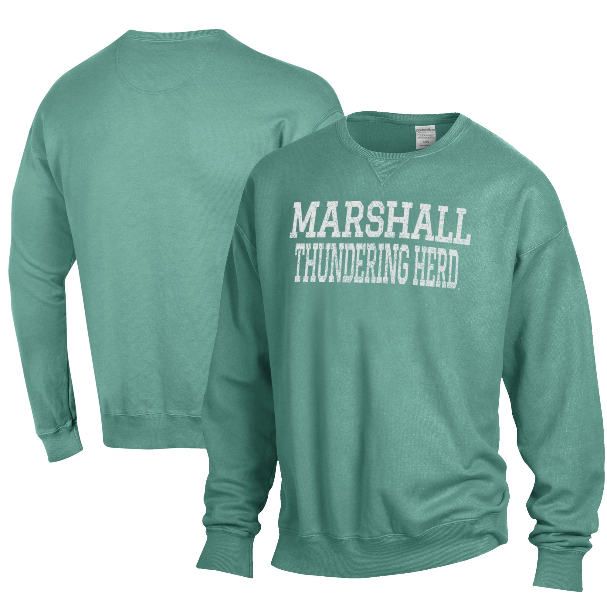 Men's ComfortWash Green Marshall Thundering Herd Garment Dyed Fleece Crewneck Pullover Sweatshirt