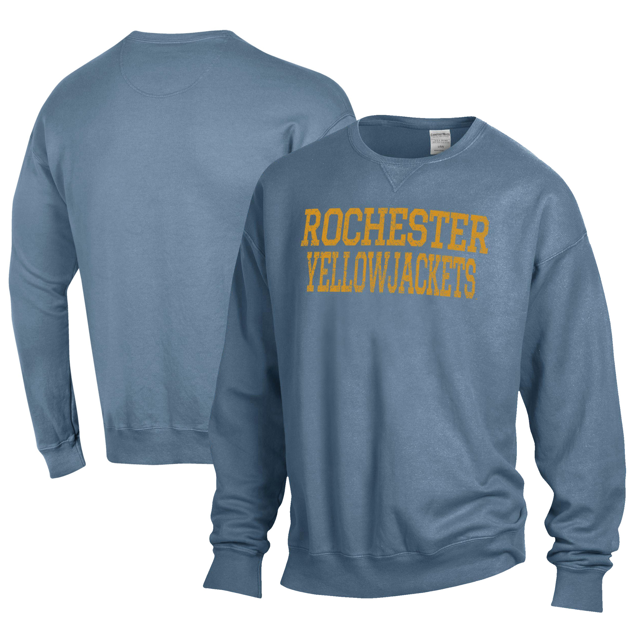 Men’s ComfortWash Steel Blue Rochester Yellow Jackets Garment Dyed Fleece Crewneck Pullover Sweatshirt