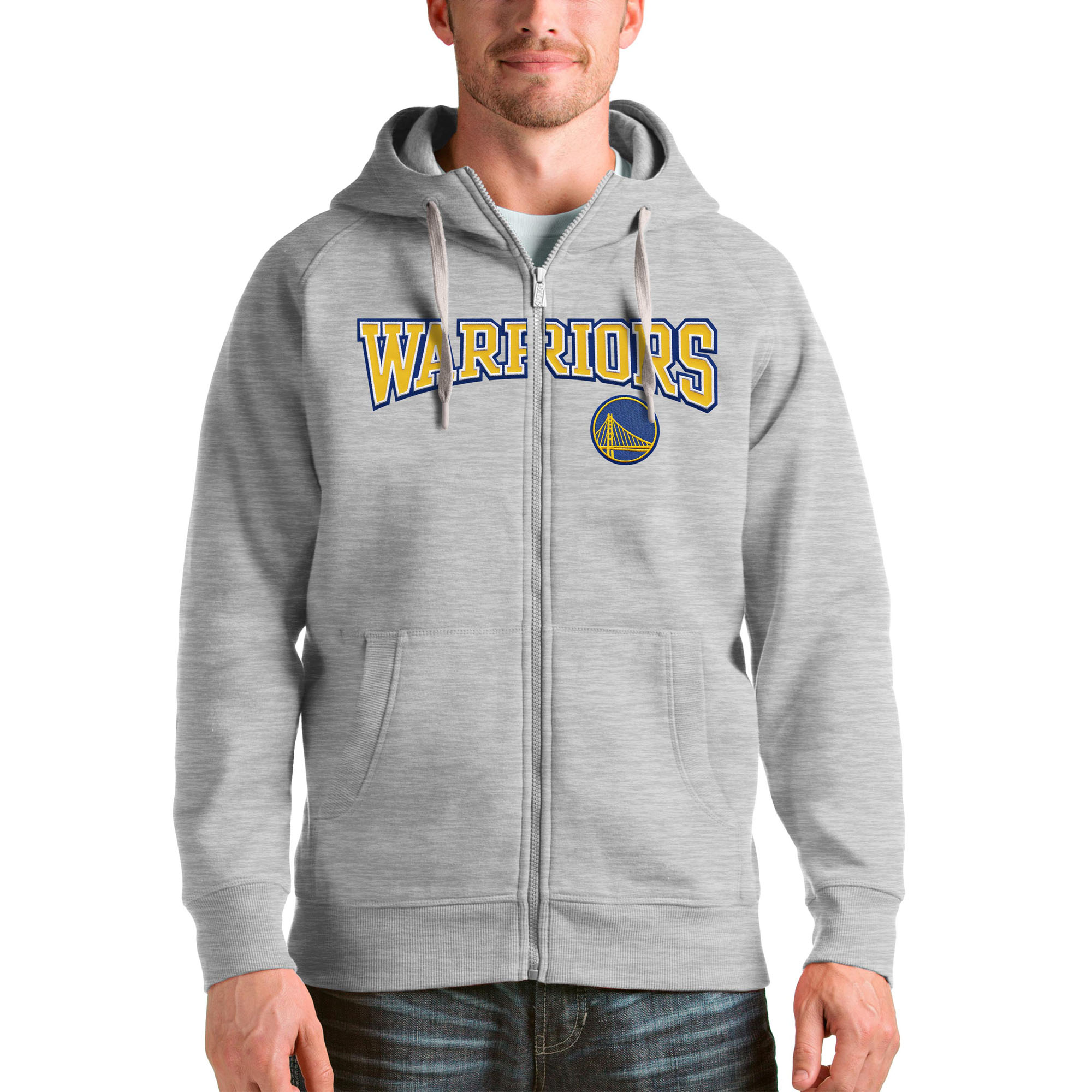 Men's Antigua Heathered Gray Golden State Warriors Victory Full-Zip Hoodie