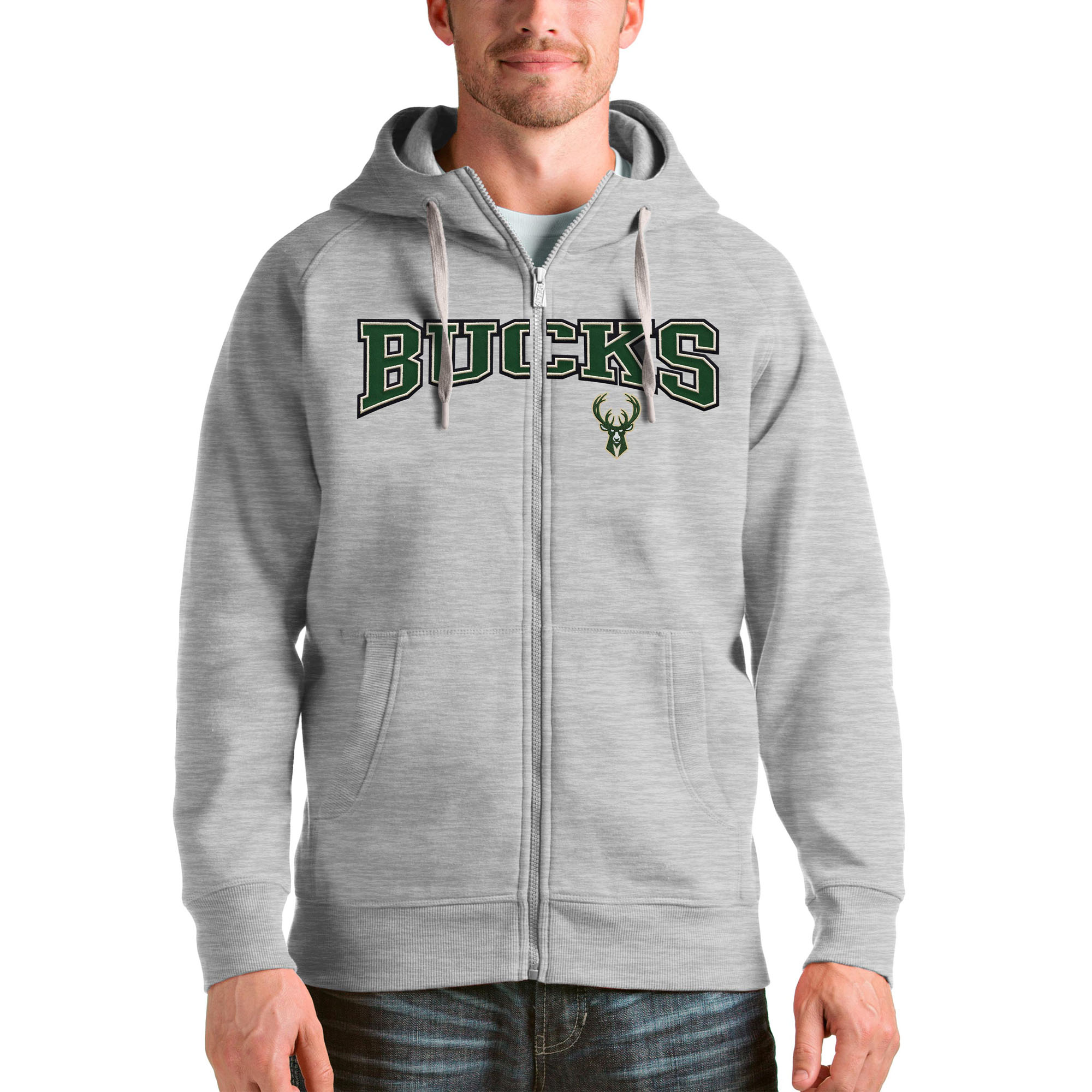 Men's Antigua Heathered Gray Milwaukee Bucks Victory Full-Zip Hoodie