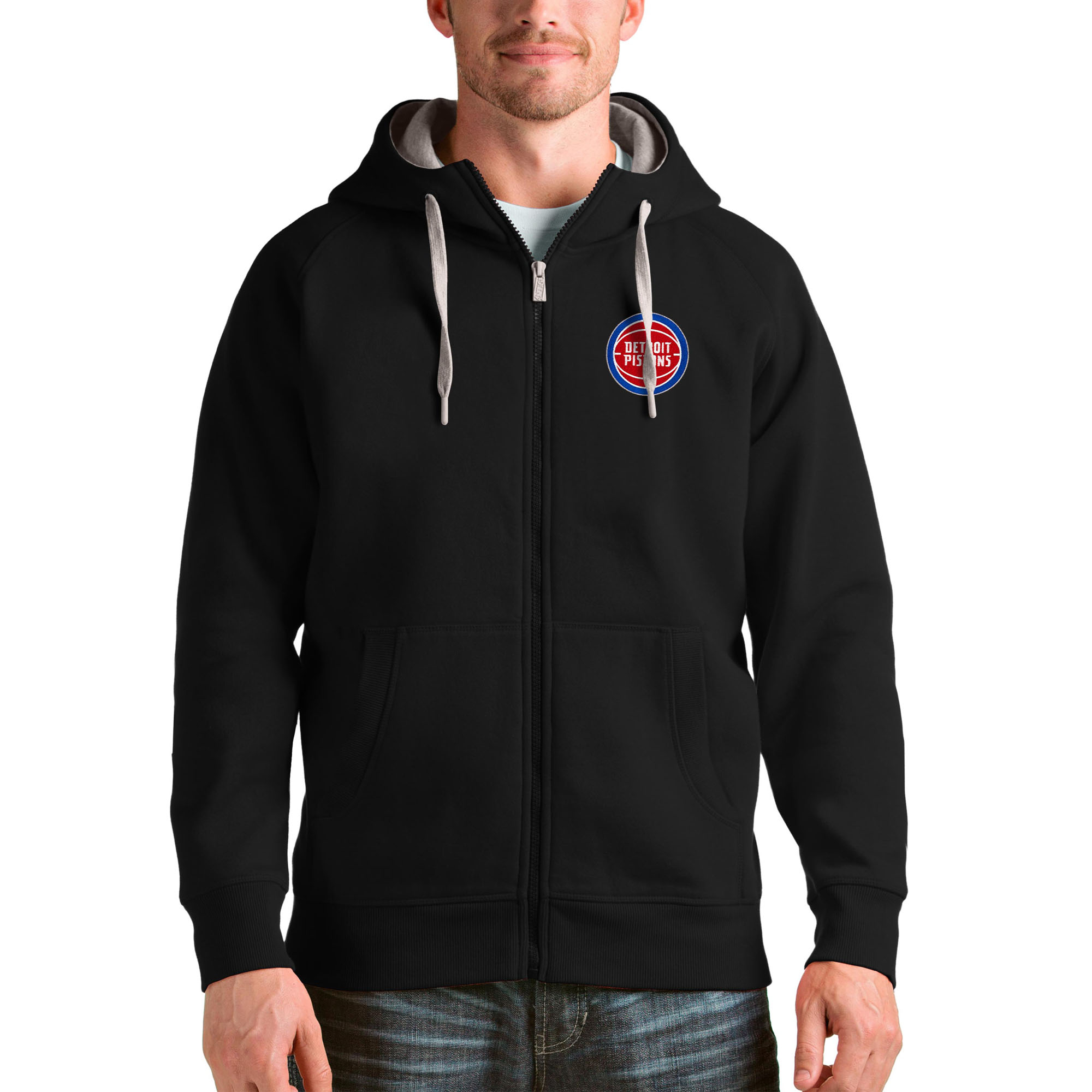 Men's Antigua Black Detroit Pistons Logo Victory Full-Zip Hoodie