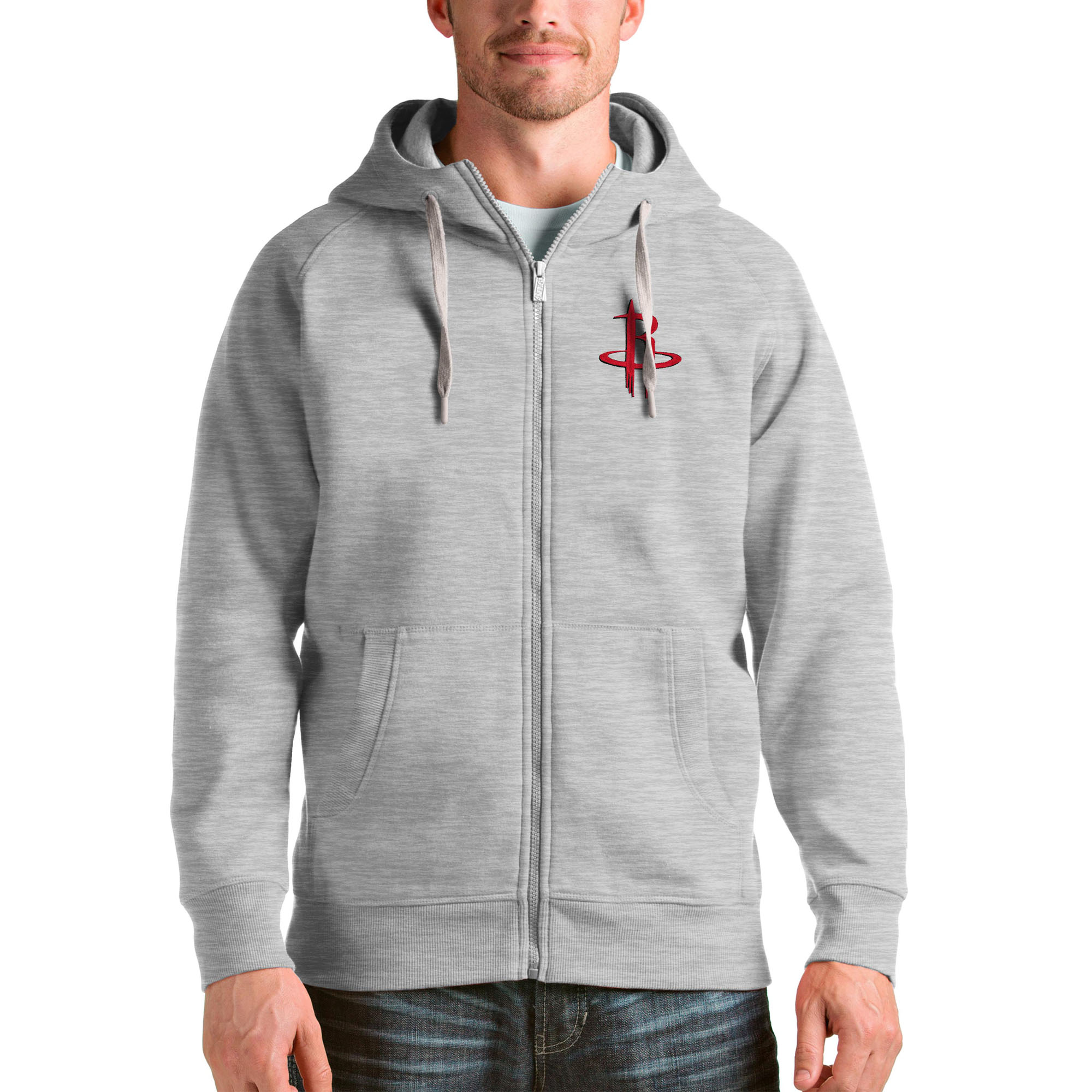 Men's Antigua Heathered Gray Houston Rockets Logo Victory Full-Zip Hoodie