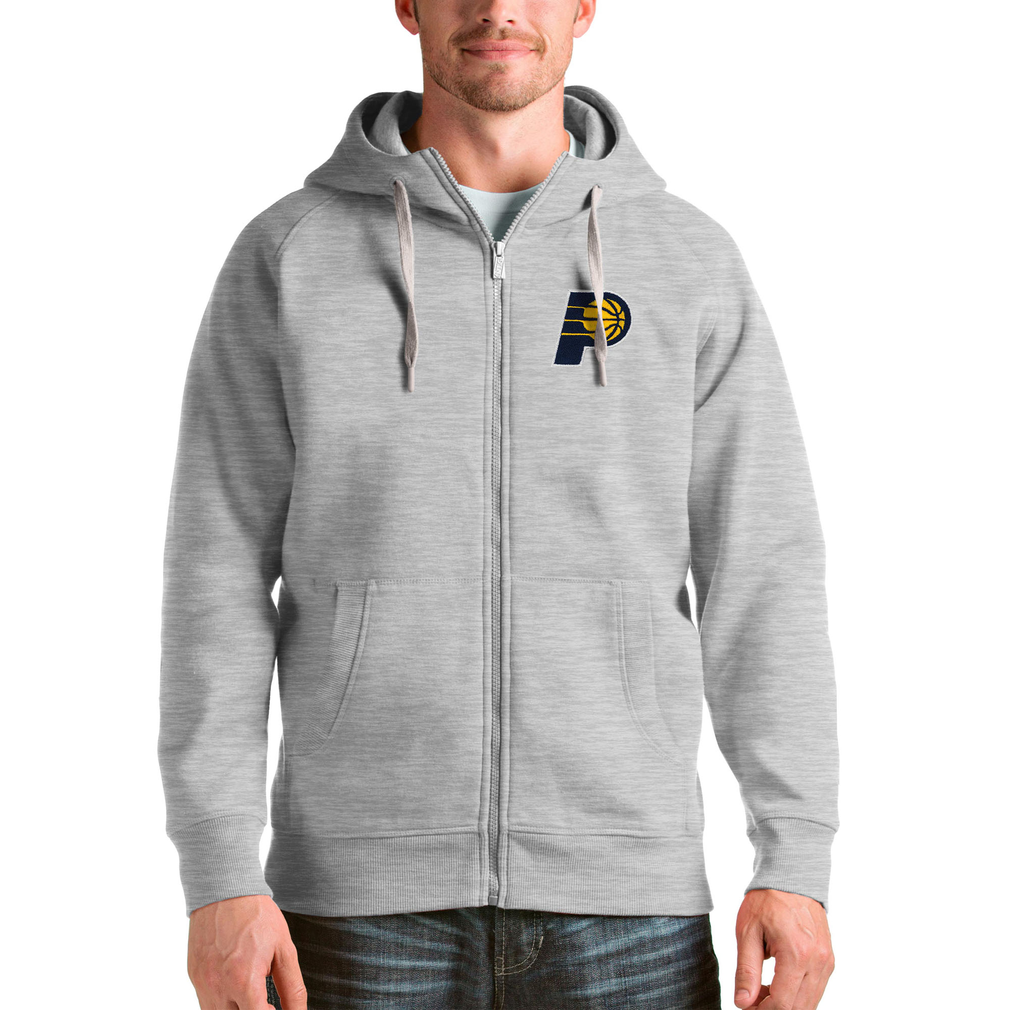 Men's Antigua Heathered Gray Indiana Pacers Logo Victory Full-Zip Hoodie