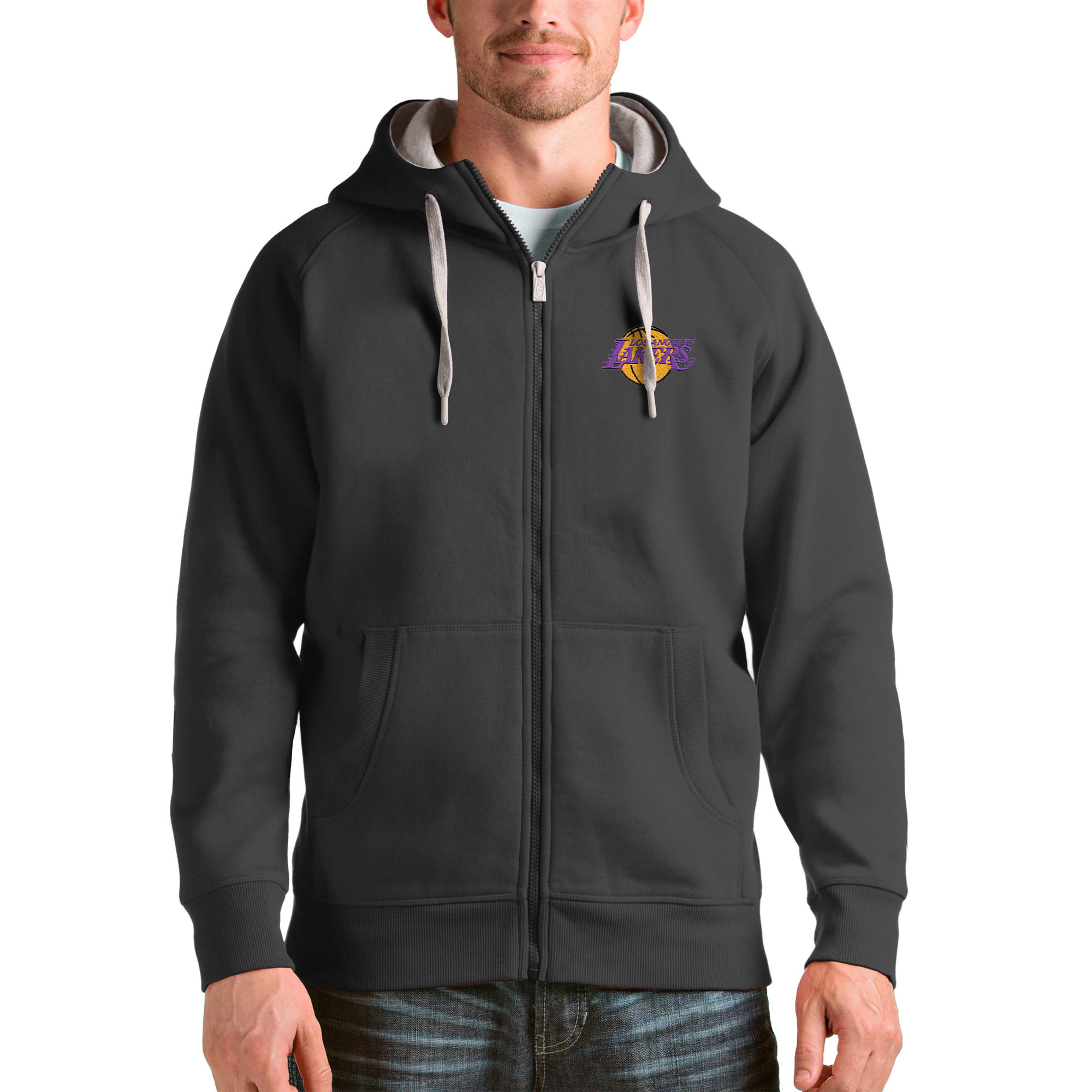 Men's Antigua Charcoal Los Angeles Lakers Logo Victory Full-Zip Hoodie